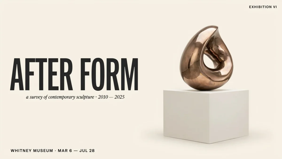16:9 exhibition poster with a bronze sculpture and recomposed typography