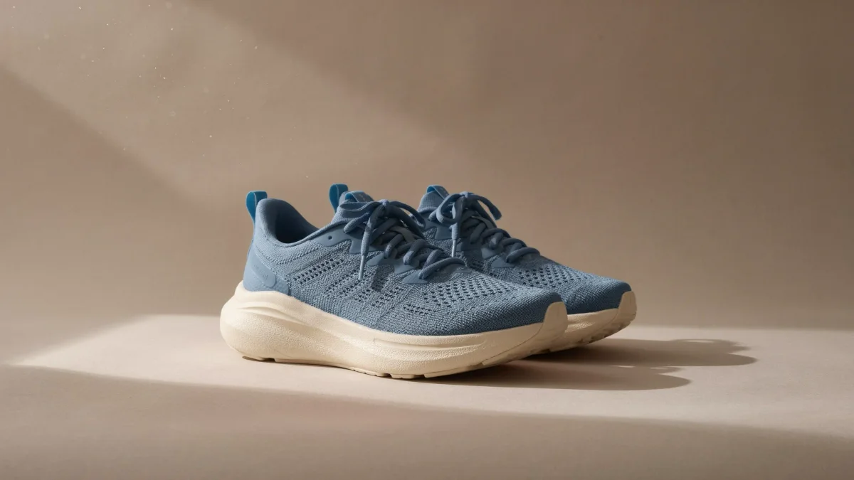 Slate-blue knit running shoes on a warm stone backdrop